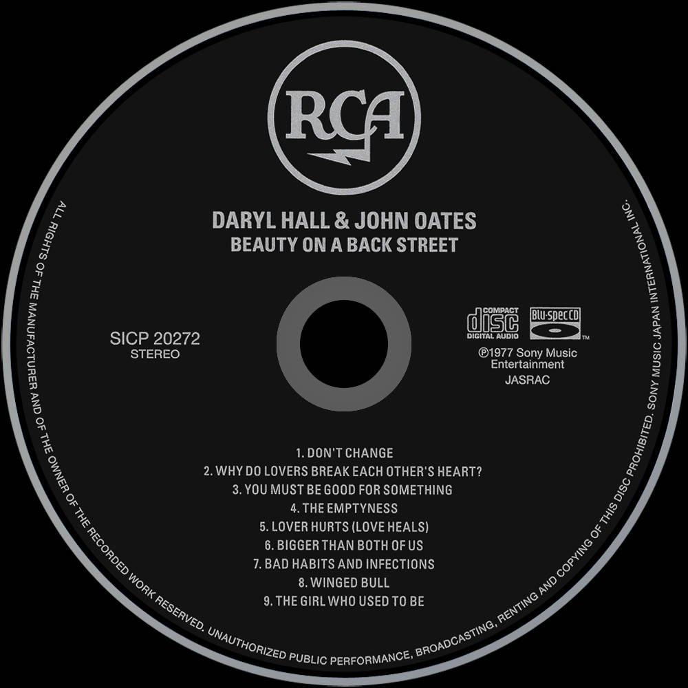 音樂 桌布 壁紙 — 黑色CD標籤，白色文字顯示RCA標誌和Daryl Hall & John Oates專輯《Beauty on a Back Street》的曲目列表。