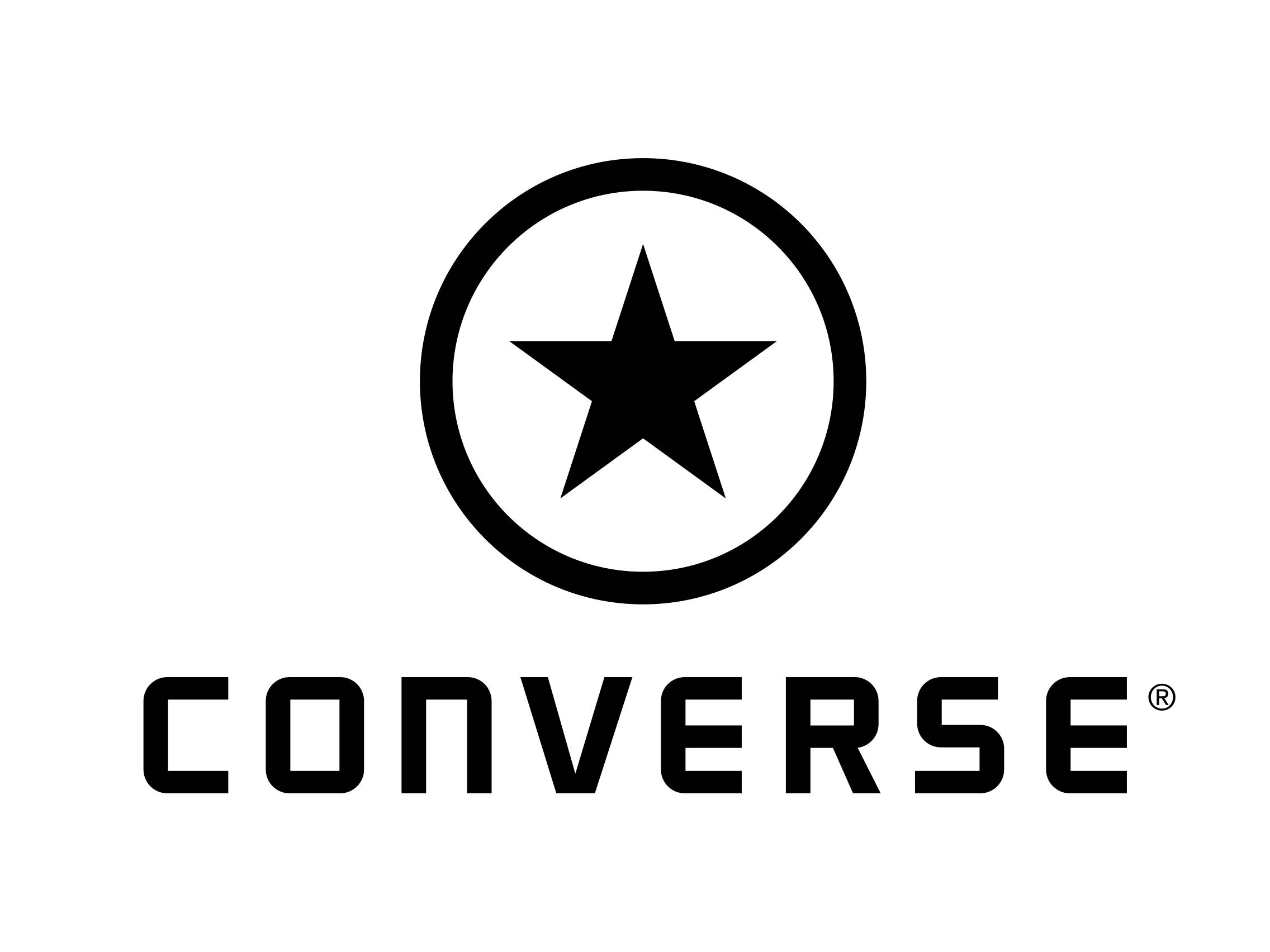 Converse Logo 桌布 壁紙 — 黑色Converse標誌，圓圈內有星星，位於粗體品牌名稱上方，背景為純白色。