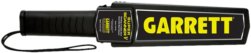 金屬質感 桌布 壁紙 — 黑色Garrett Super Scanner金屬探測器，帶有黃色品牌標誌和紋理手柄，背景為白色。