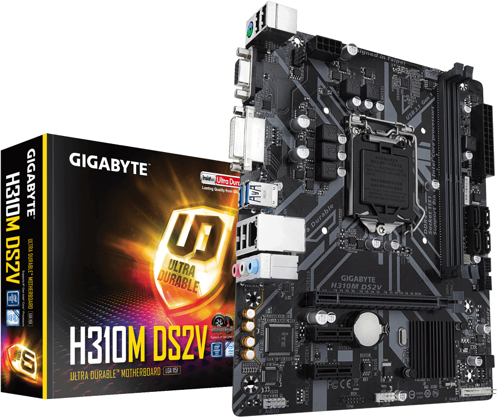 科技動圖 桌布 壁紙 — 黑色Gigabyte H310M DS2V主機板展示在其產品盒旁邊，帶有發光的橙色品牌標誌。