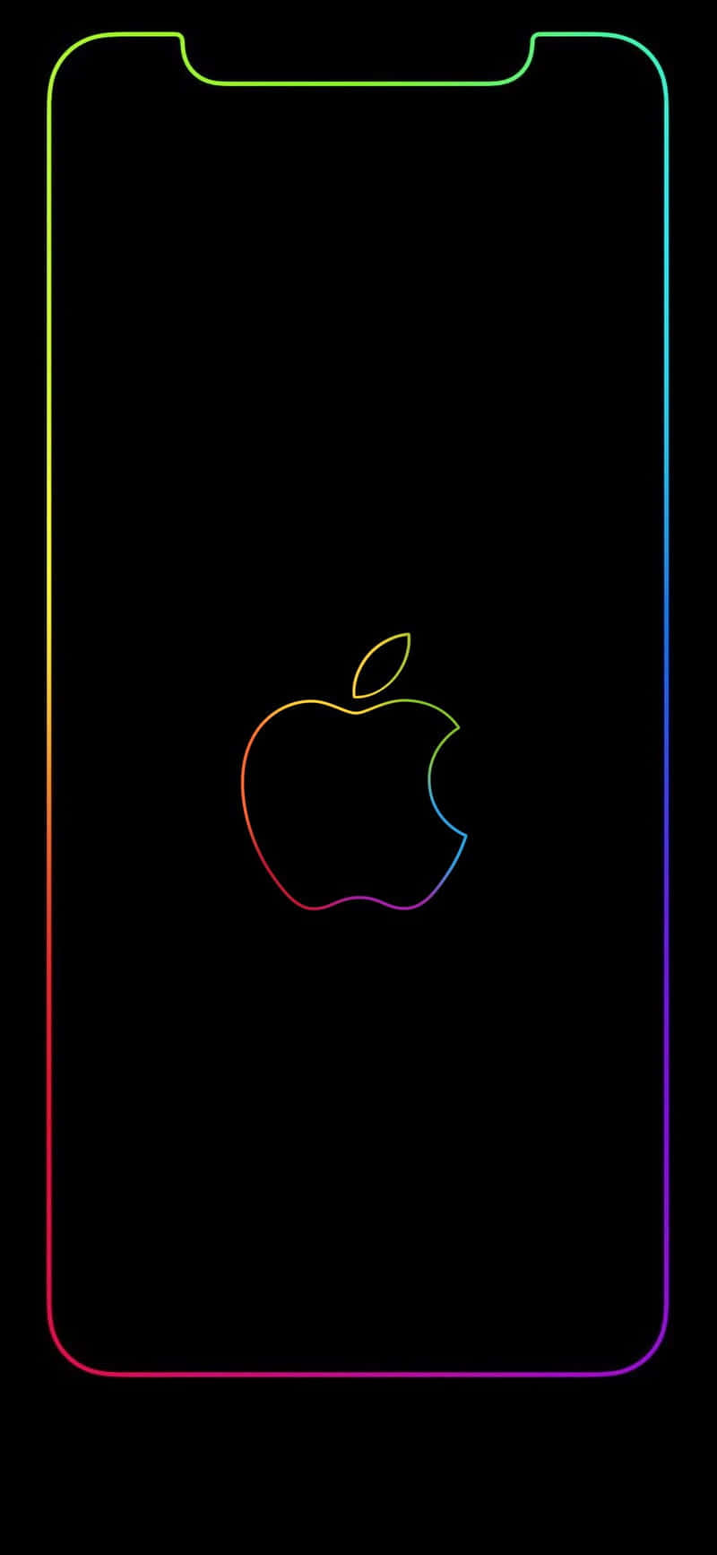 手機 桌布 壁紙 — 黑色iPhone螢幕，帶有彩虹霓虹輪廓和中央發光的彩虹Apple標誌。