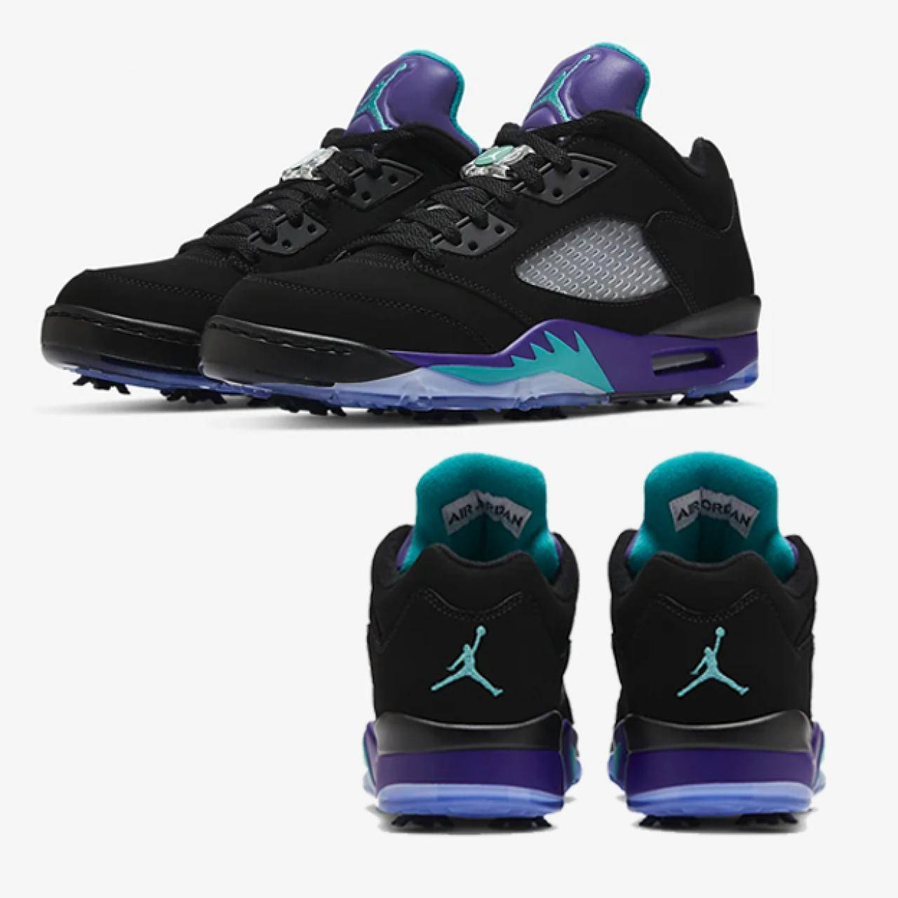 Silhouette 桌布 壁紙 — 黑色Jordan 5高爾夫球鞋，帶有紫色和藍綠色點綴，從正面和背面角度在白色背景上展示。