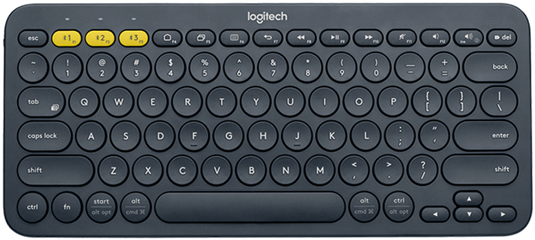 鍵盤 桌布 壁紙 — 黑色Logitech鍵盤特寫，配備黃色功能鍵和圓形鍵帽，設計時尚。