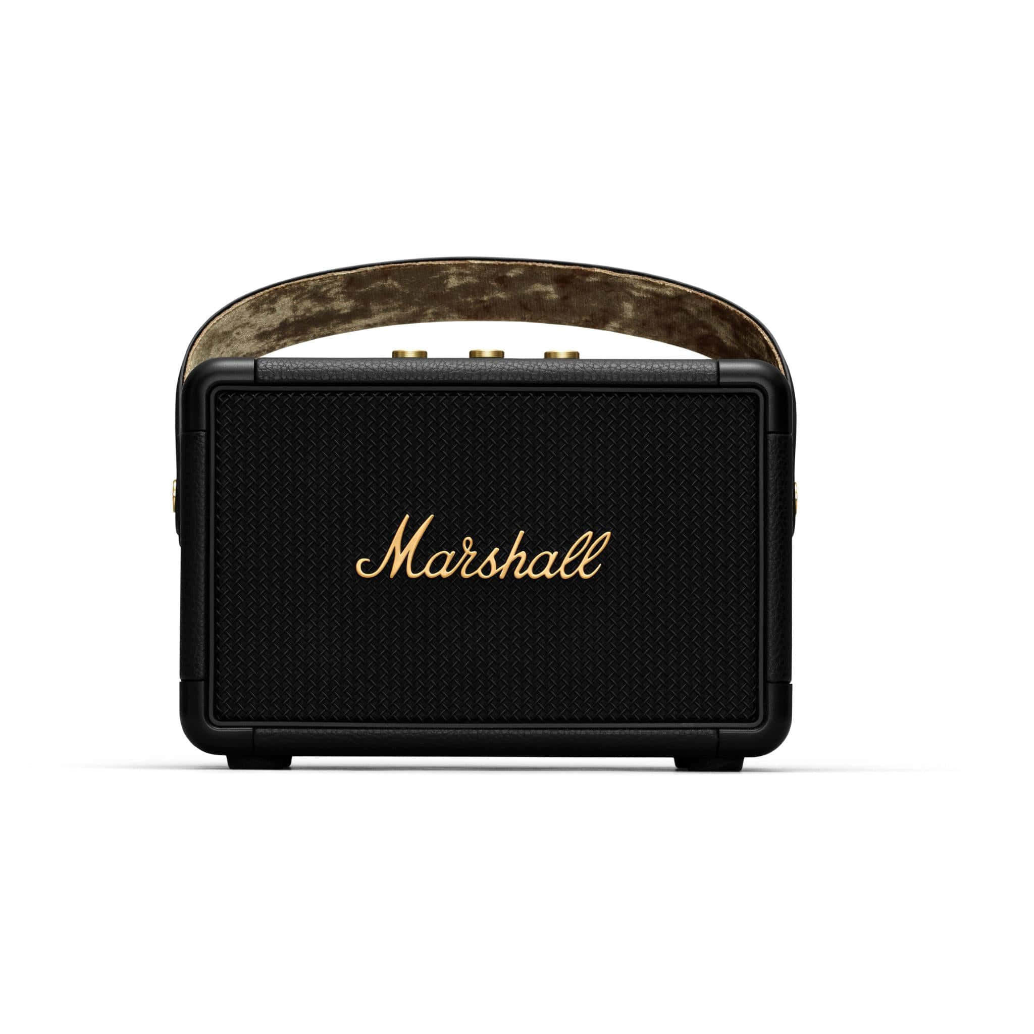 Marshall 桌布 壁紙 — 黑色Marshall便攜式揚聲器，帶金色標誌和紋理手柄，置於潔白背景上。