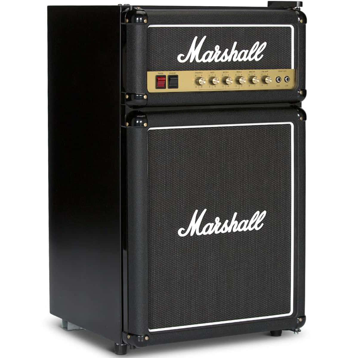 Marshall 桌布 壁紙 — 黑色Marshall吉他音箱，金色控制面板和白色標誌，放在純白色背景前。
