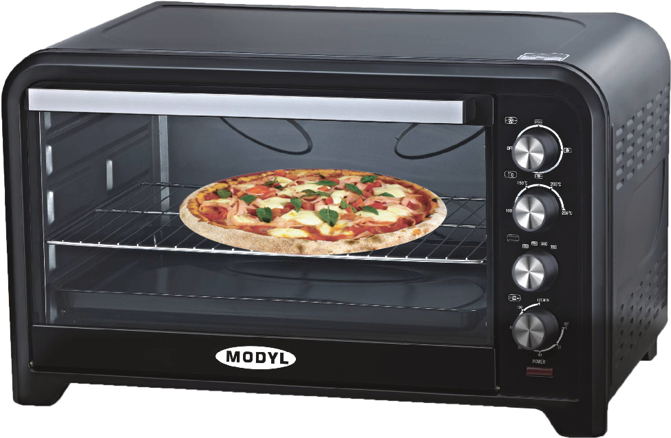 oven 桌布 壁紙 — 黑色Modyl烤麵包機烤箱配有玻璃門，展示內部金屬架上正在烘烤的起司辣味香腸披薩。