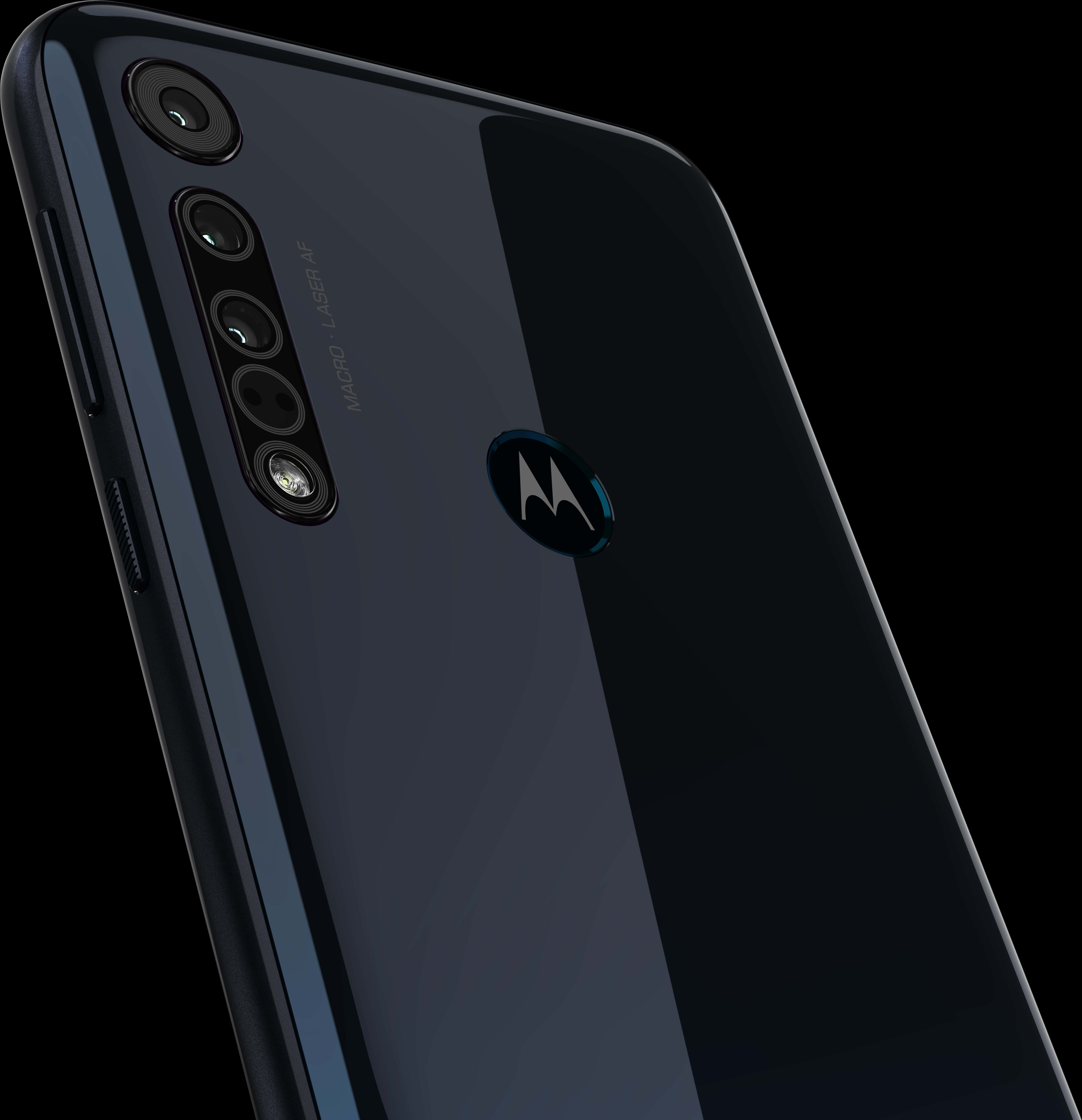 Smart Phone 桌布 壁紙 — 黑色Motorola智慧型手機的特寫，展示其四鏡頭陣列和光面質感，背景為深色。