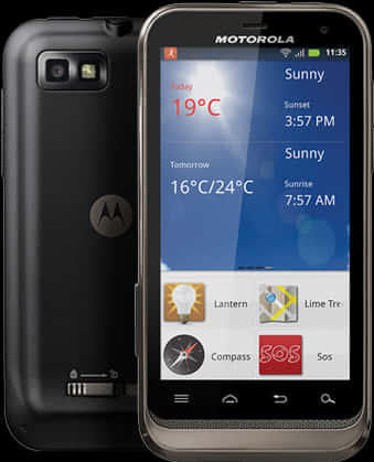 Smart Phone 桌布 壁紙 — 黑色Motorola智慧型手機顯示天氣應用程式，有晴朗預報和時間下午3:57。