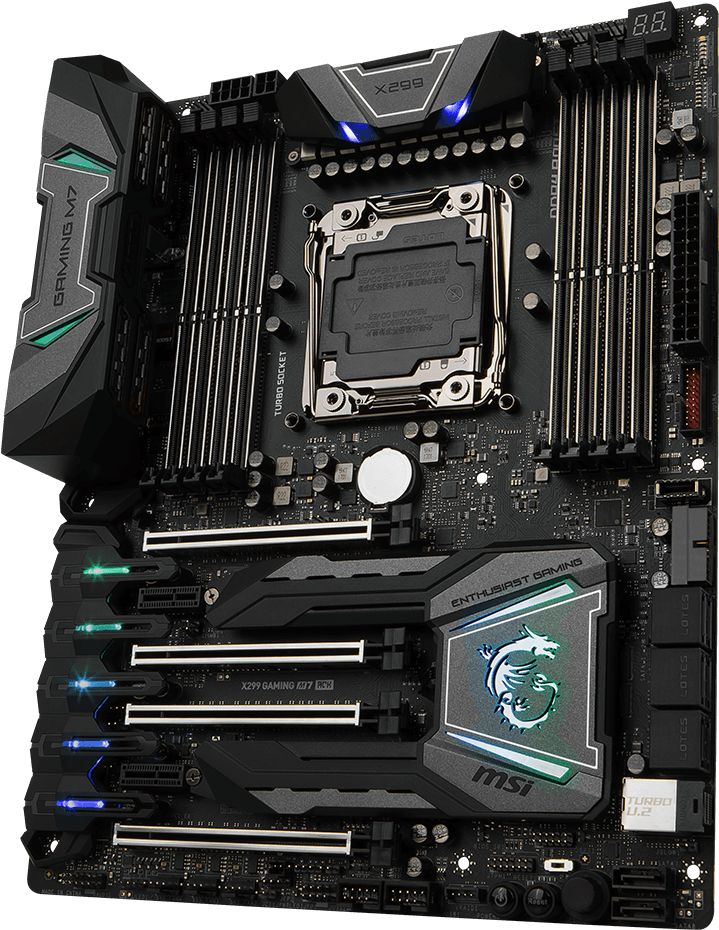 Motherboard 桌布 壁紙 — 黑色MSI X299 Gaming主機板的特寫，散熱片和龍標誌上有發光的藍色和綠色LED點綴。