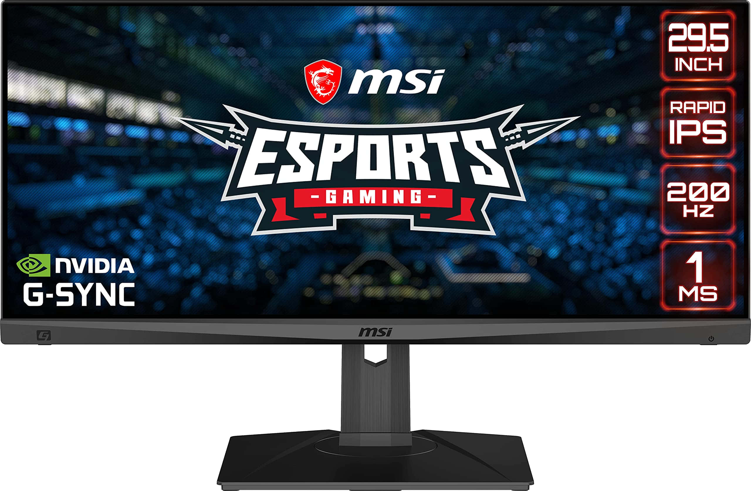 msi 2560x1080 桌布 壁紙 — 黑色MSI電競顯示器在模糊的體育場人群上方顯示電子競技標誌，規格以紅色突出顯示。
