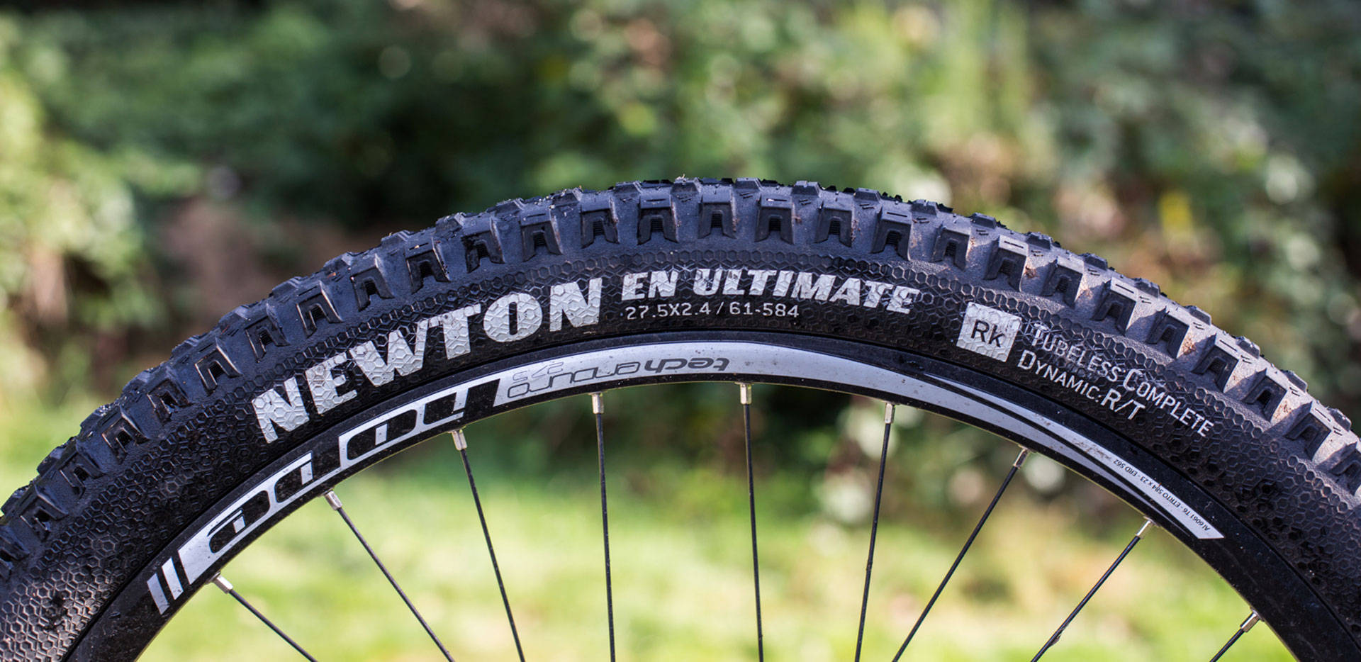 腳踏車 桌布 壁紙 — 黑色Newton EN Ultimate登山車輪胎特寫，具有深胎紋和白色品牌標誌，背景為模糊的綠色森林。