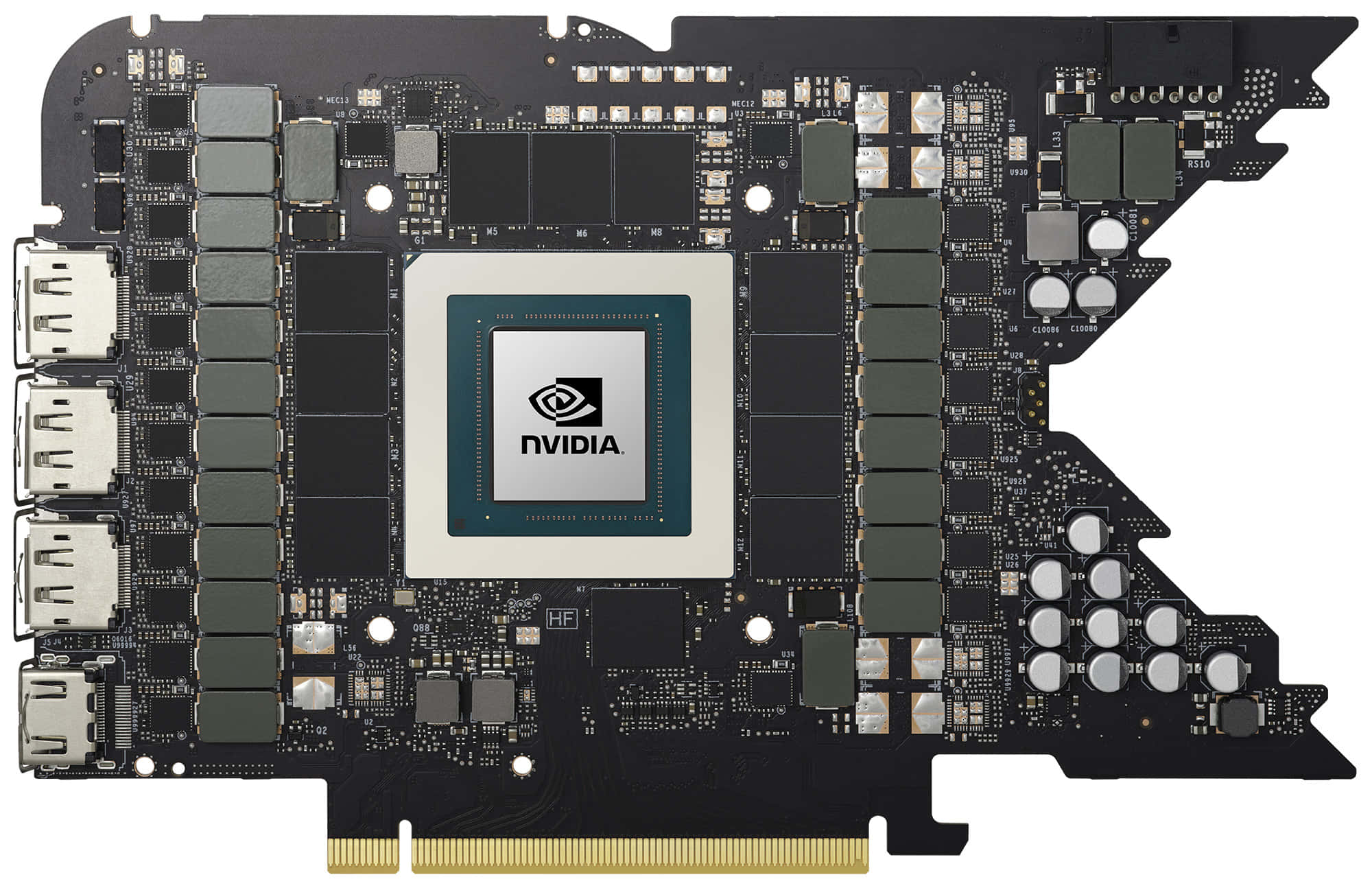 nvidia 桌布 壁紙 — 黑色NVIDIA顯示卡特寫，帶金色PCIe接口和銀色散熱片，白色背景。