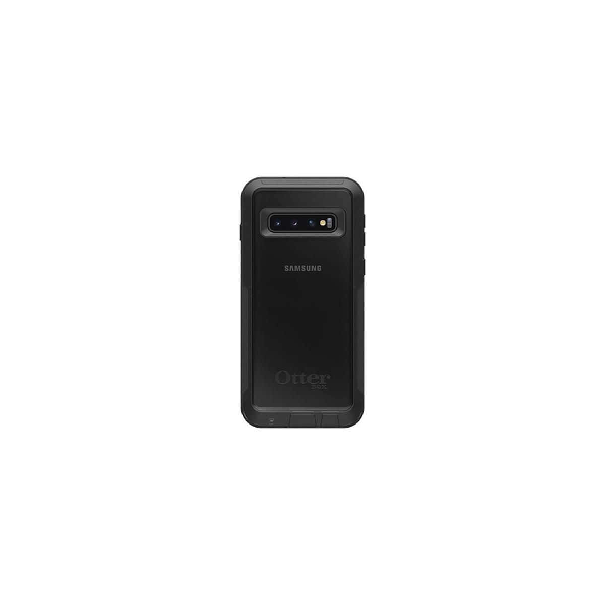 Galaxy S10 桌布 壁紙 — 黑色OtterBox堅固保護殼，用於Samsung Galaxy S10e智慧型手機，純白色背景。