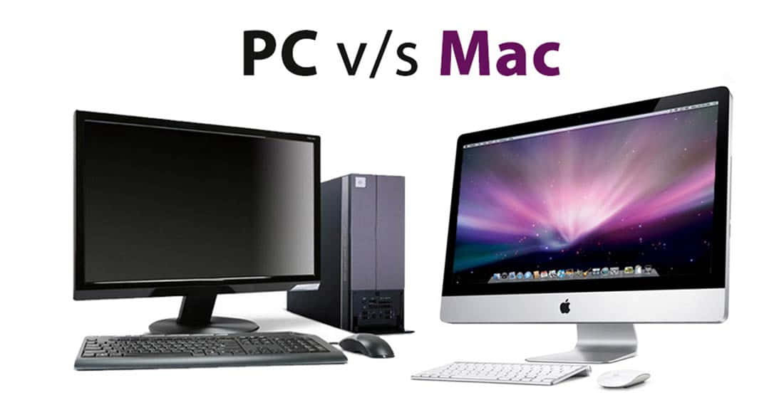 Mac 桌布 壁紙 — 黑色PC主機連顯示器與時尚銀色Mac iMac顯示宇宙壁紙的並排比較。