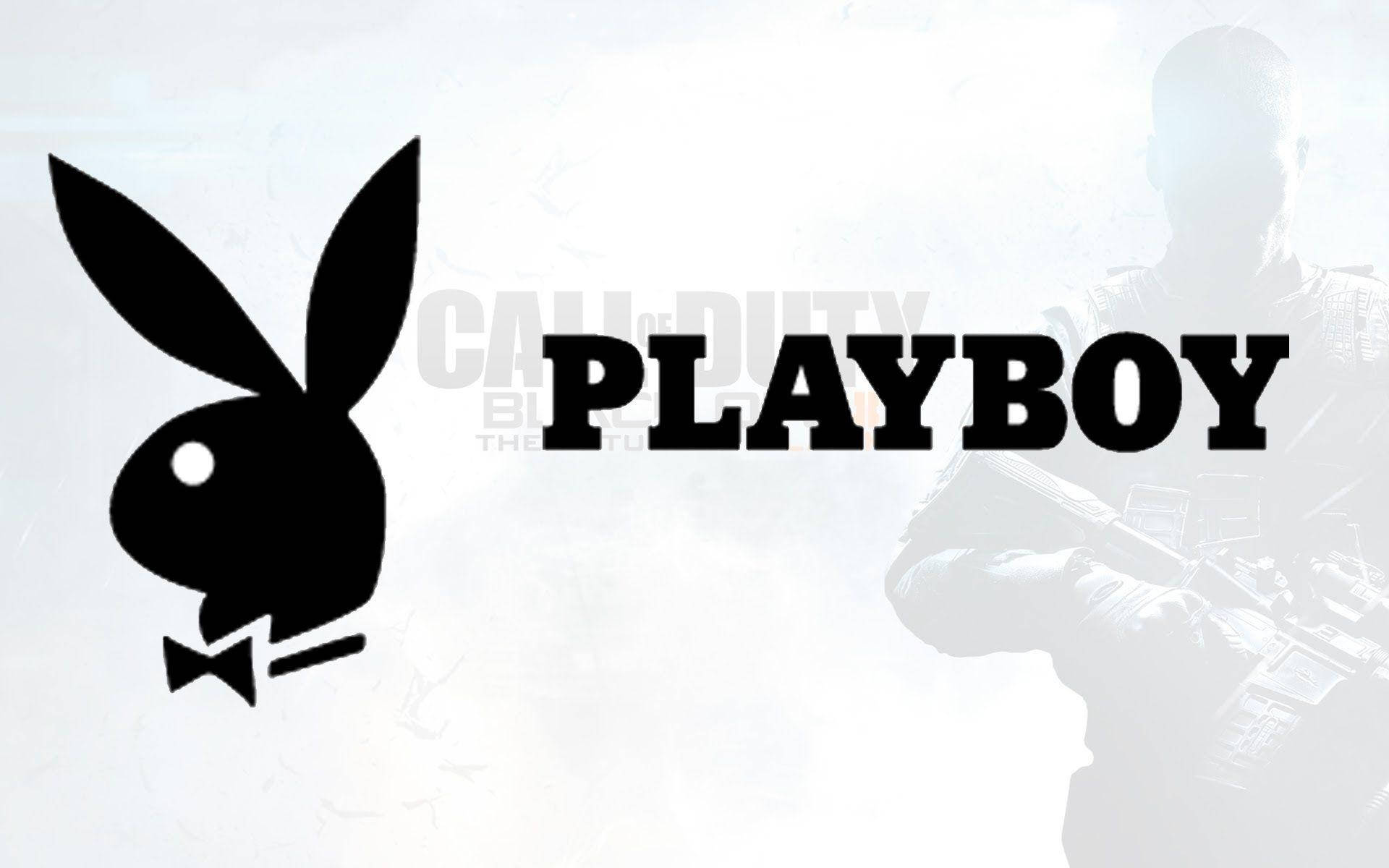 花花公子 桌布 壁紙 — 黑色Playboy兔子標誌，配有蝴蝶結及「PLAYBOY」文字，覆蓋在灰階褪色士兵剪影上。