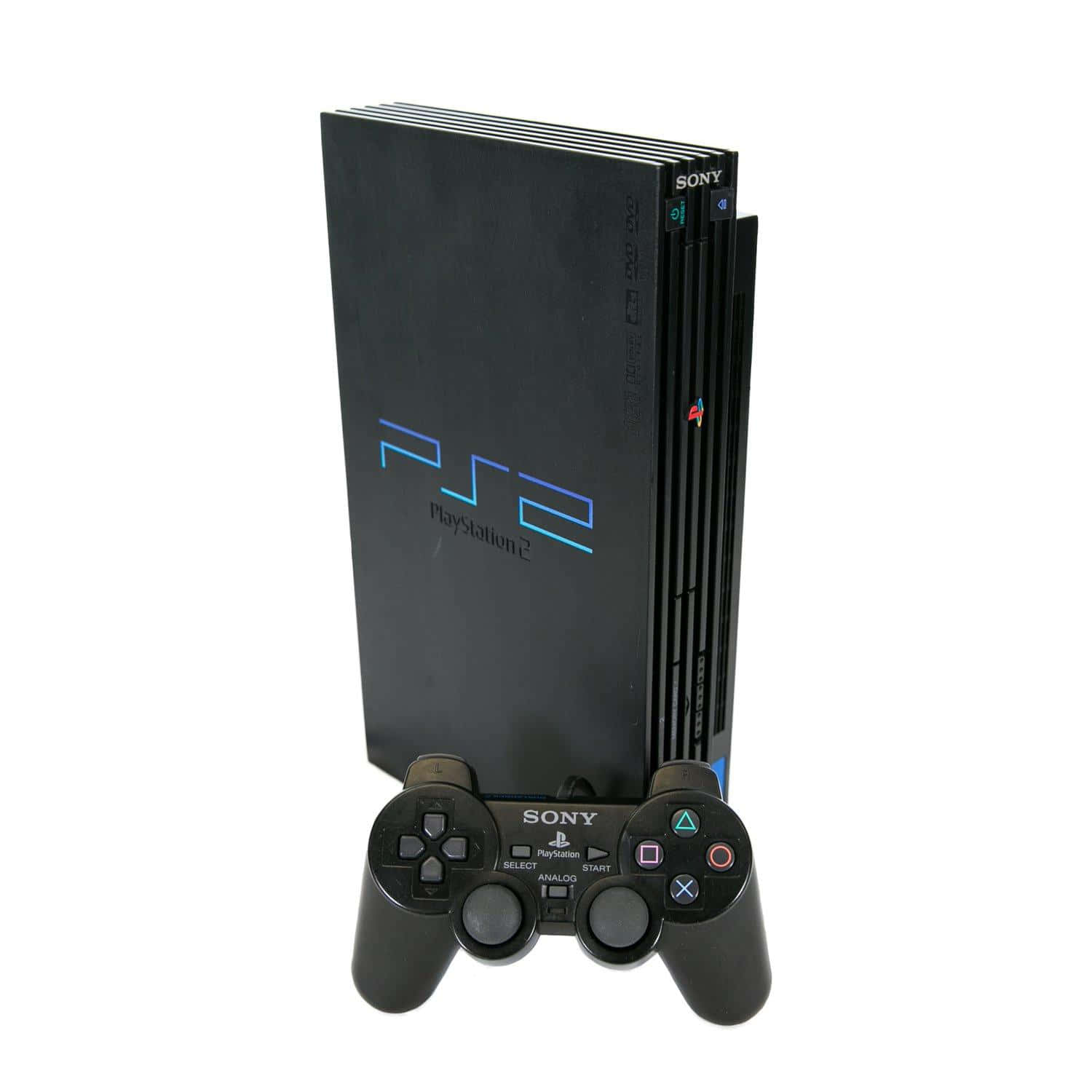 PlayStation 桌布 壁紙 — 黑色PlayStation 2主機連控制器直立於純白背景上。