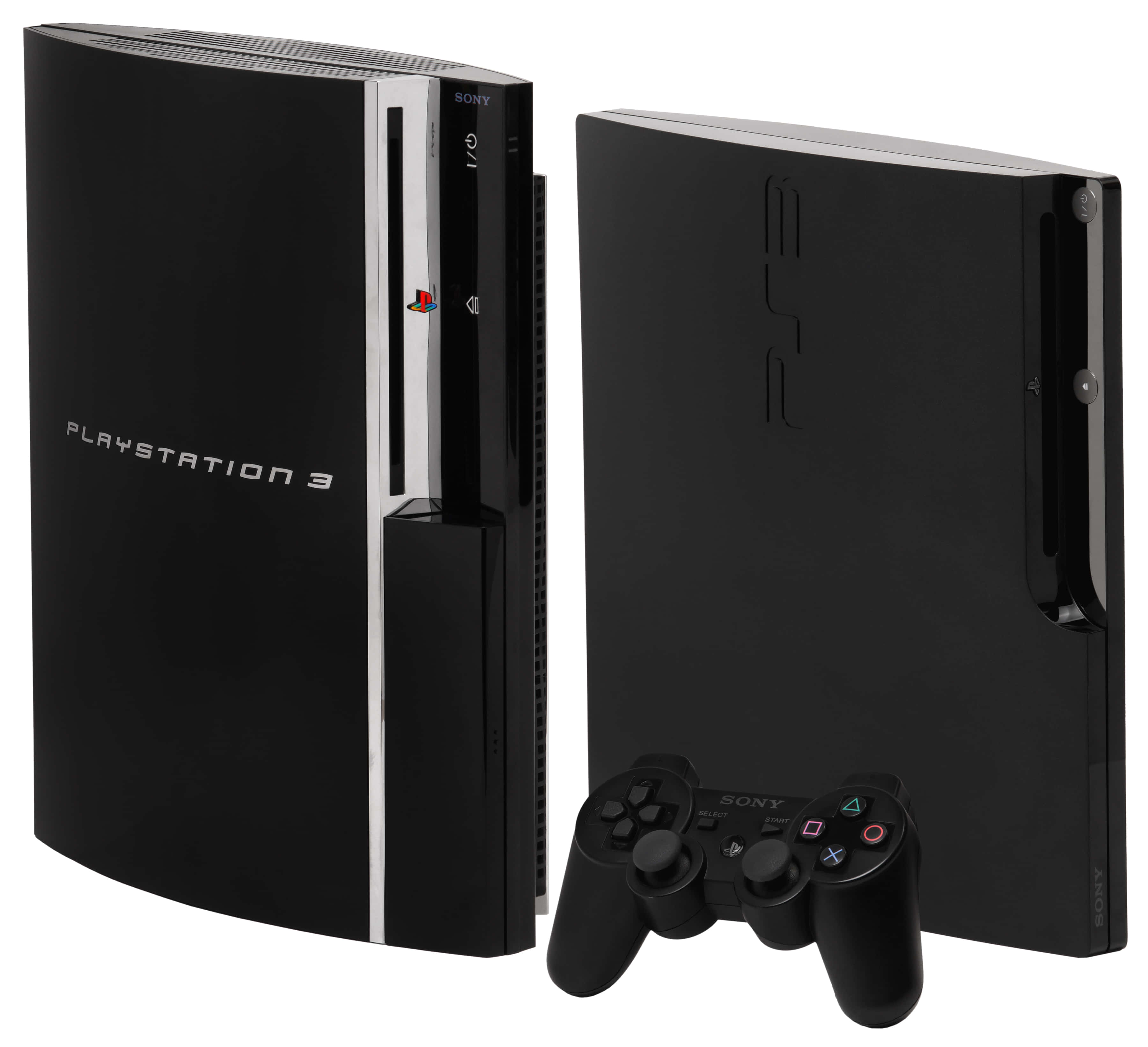 PlayStation 桌布 壁紙 — 黑色PlayStation 3主機和控制器在工作室燈光下以乾淨的白色背景展示。