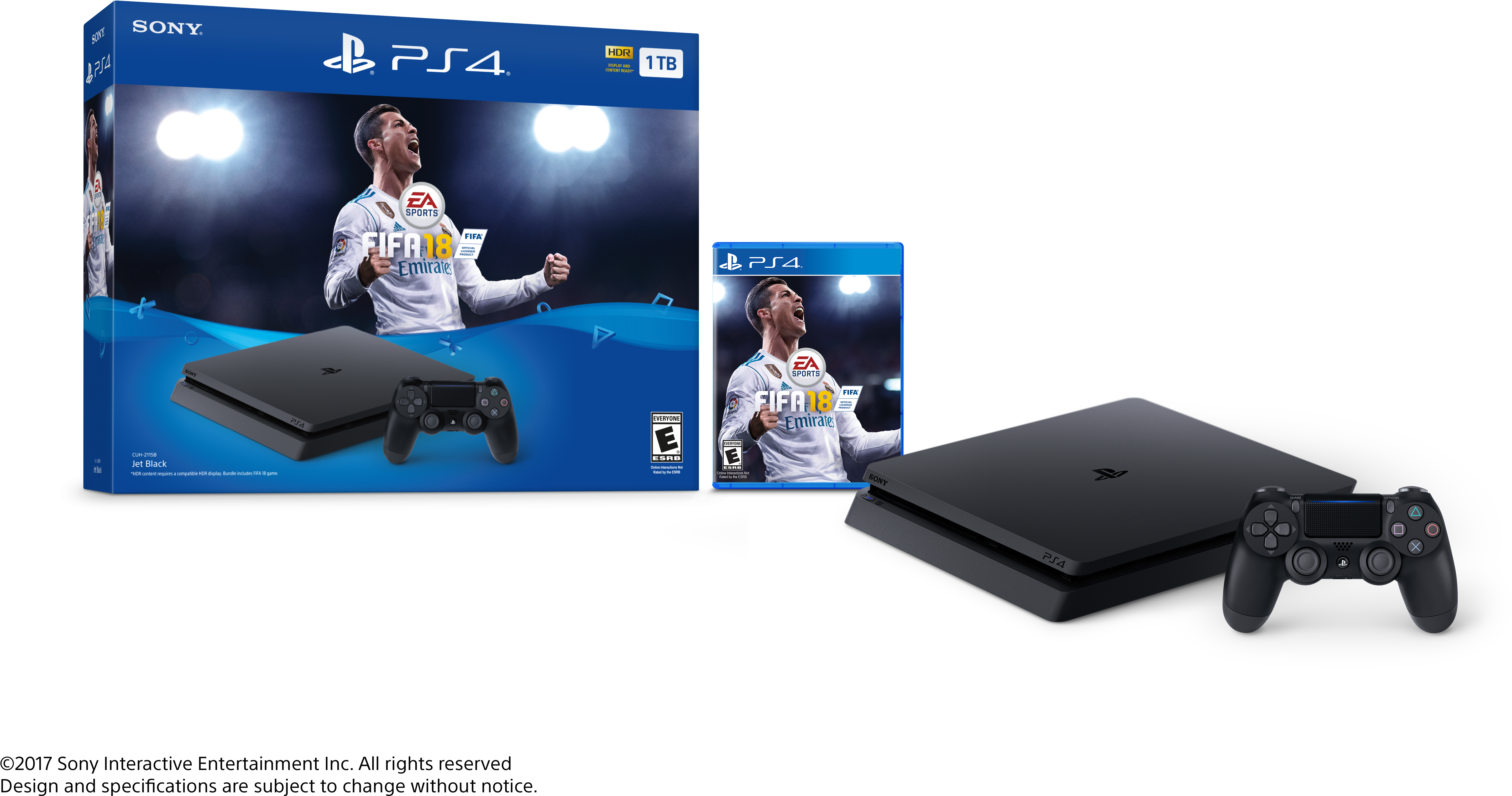 PlayStation 桌布 壁紙 — 黑色PlayStation 4主機和控制器展示在遊戲盒和FIFA 18封面旁邊，封面有一位慶祝的足球運動員。