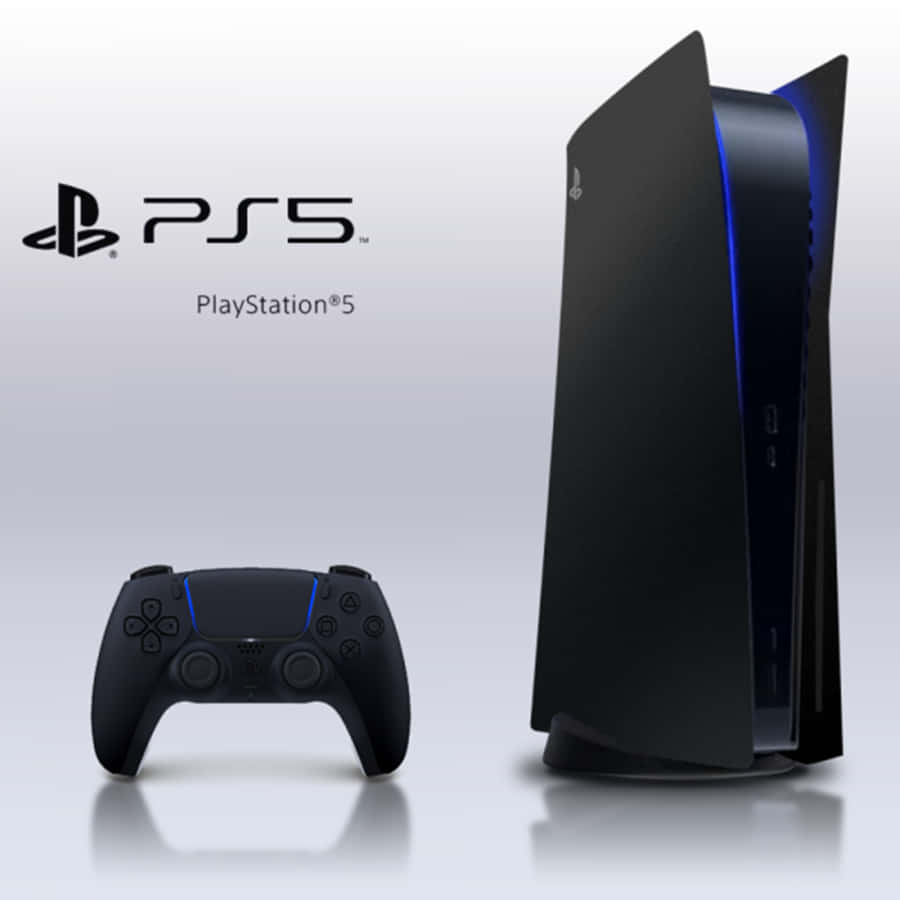 PS5 動態圖片 桌布 壁紙 — 黑色PlayStation 5主機及控制器，在純白背景上發出藍色光芒。