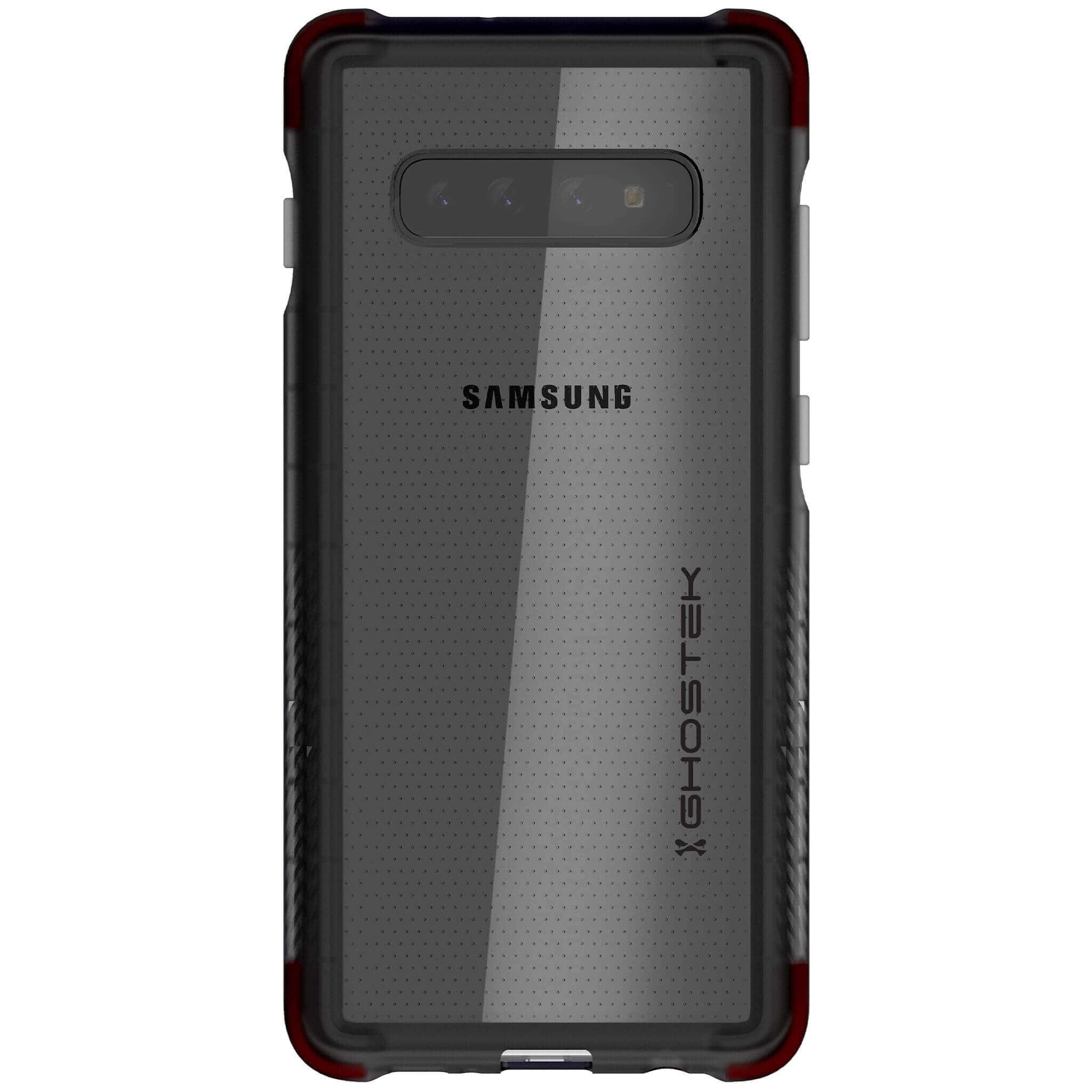 Galaxy S10 桌布 壁紙 — 黑色Samsung Galaxy S10e手機，配備透明堅固保護殼，帶有紅色點綴和穿孔背板設計。