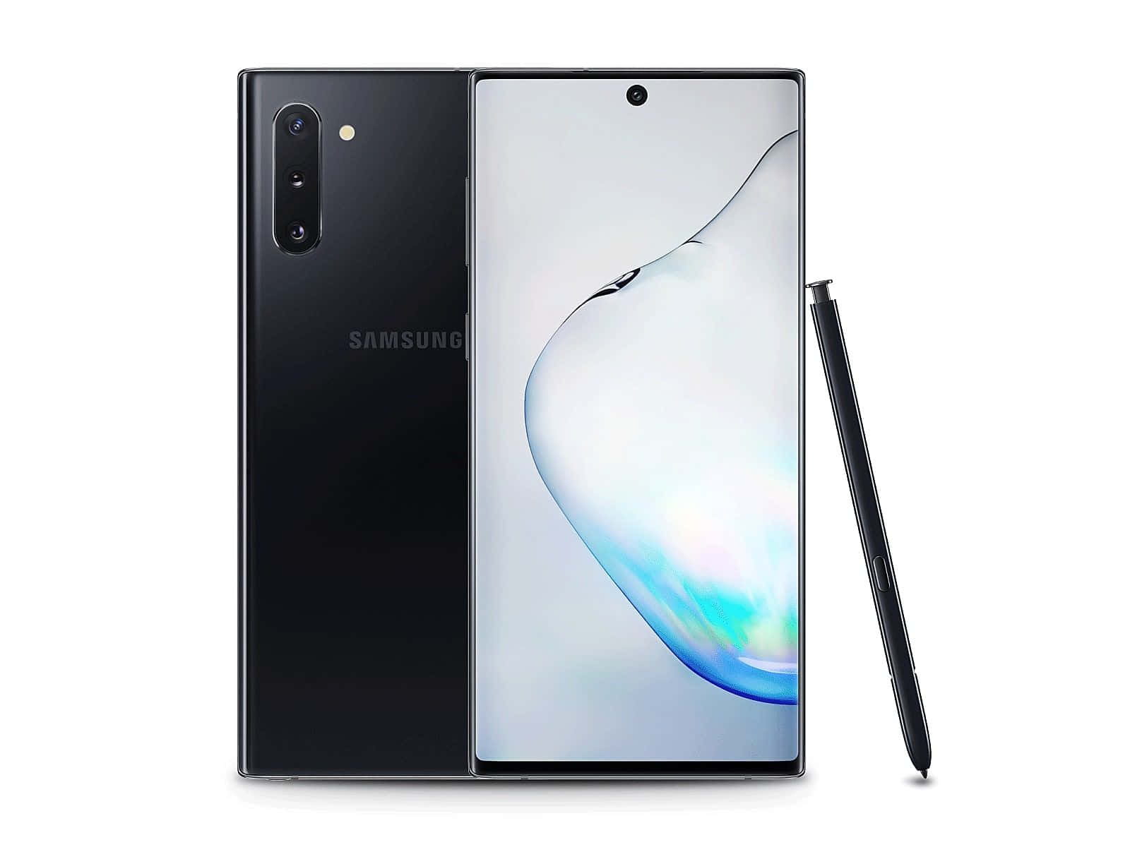 Note 10 桌布 壁紙 — 黑色Samsung智慧型手機，配備曲面螢幕和S Pen，在純白背景上展示。