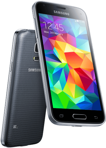Product 桌布 壁紙 — 黑色Samsung智慧型手機正面和背面展示，螢幕上帶有充滿活力的幾何桌布。