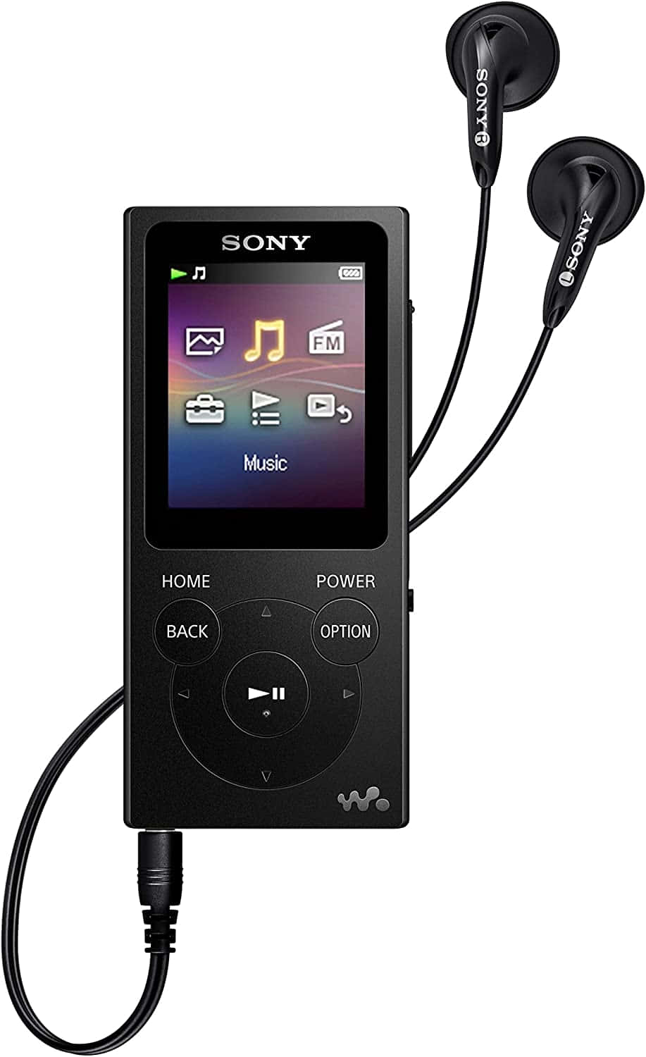 Music Player 桌布 壁紙 — 黑色Sony Walkman MP3播放器，螢幕顯示音樂圖示，附有耳塞，背景為白色。