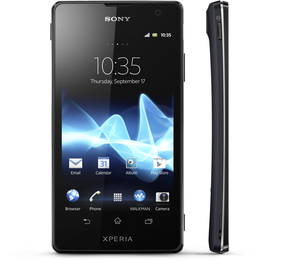 智慧型手機 桌布 壁紙 — 黑色Sony Xperia智慧型手機正面和側面視圖，帶有藍色波浪桌布和應用程式圖示。