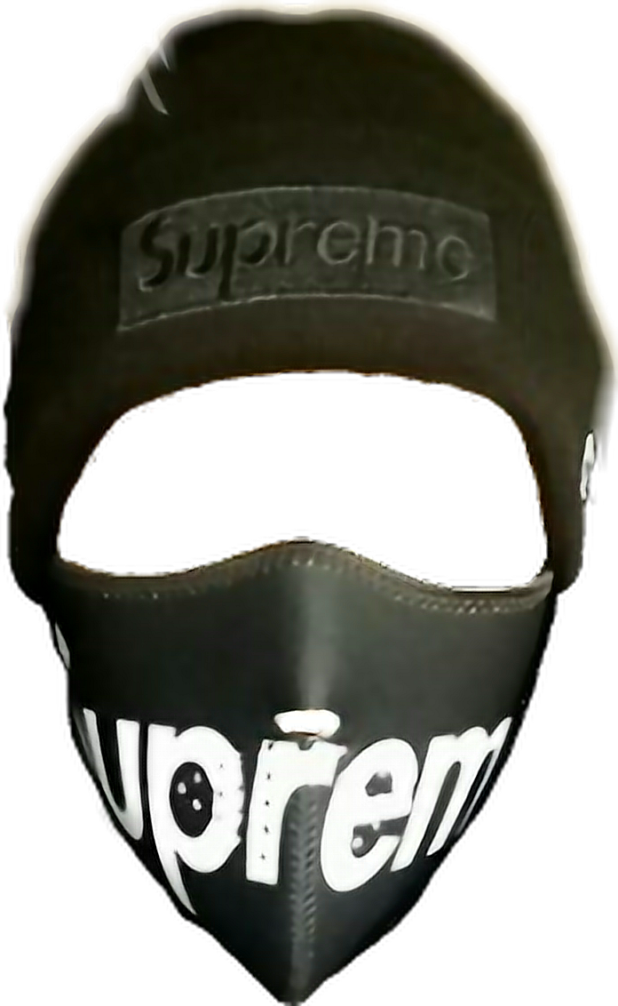 supreme 桌布 壁紙 — 黑色Supreme品牌頭套，面部和帽子上有白色標誌，背景深色。