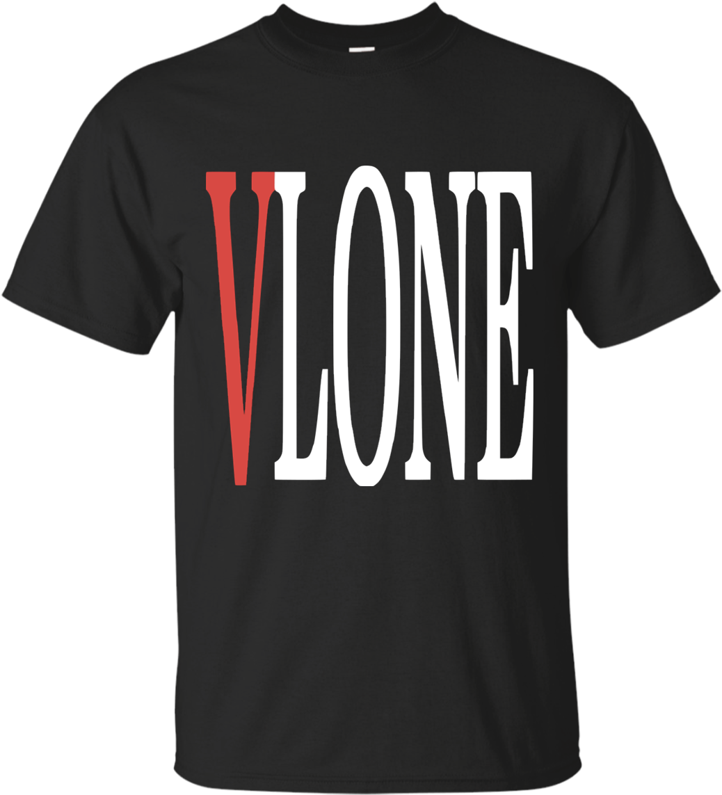 標誌 桌布 壁紙 — 黑色T恤，胸前中央有粗體白色和紅色 'VLONE' 標誌，背景為深色。