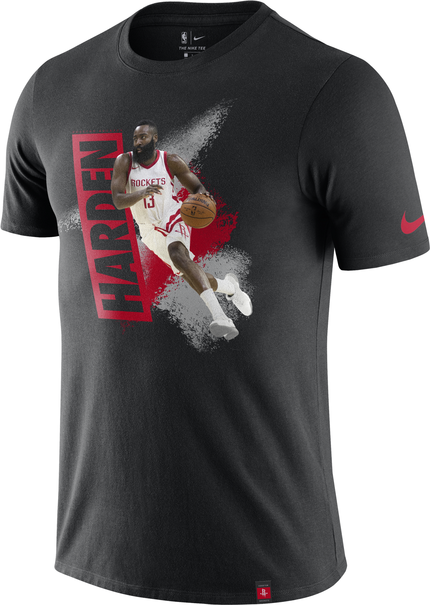 Houston Rockets 桌布 壁紙 — 黑色T恤上印有籃球運動員詹姆斯·哈登在運球中的動態圖案，身穿火箭隊球衣，並有粗體紅色「HARDEN」文字。