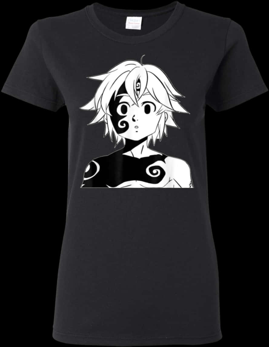 Tshirt 桌布 壁紙 — 黑色T恤上展示了一個白色動漫角色，帶有螺旋標記和大眼睛，背景為純黑色。