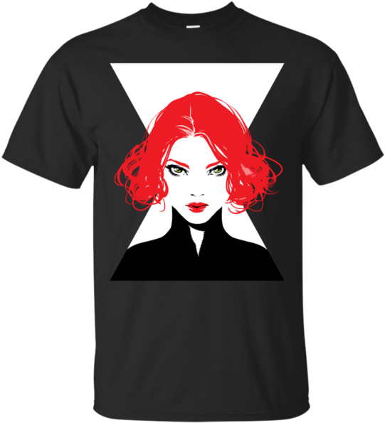 Tshirt 桌布 壁紙 — 黑色T恤上有一個大膽的圖案，描繪一位擁有鮮豔紅髮和綠眼睛的女性，被白色X框住。