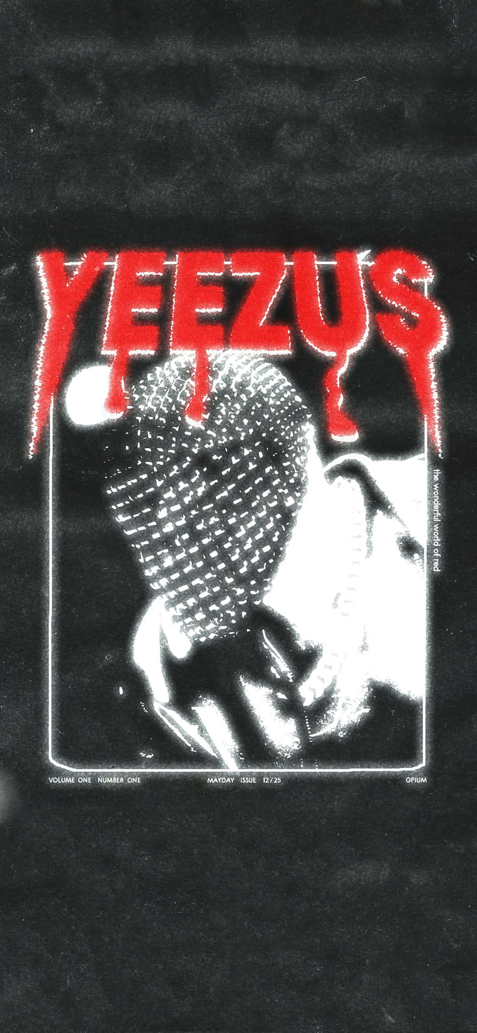 Hip Hop Album Covers 桌布 壁紙 — 黑色T恤上有一個鮮明的圖案，是一個戴著網狀面具的扭曲面孔，上方有粗體紅色滴落的「YEEZUS」文字。