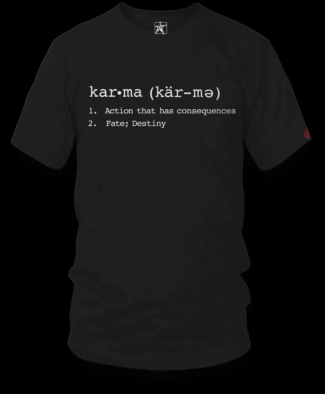 Tshirt 桌布 壁紙 — 黑色T恤上顯示白色文字，在深色背景上將業力定義為帶有後果的行動和命運。