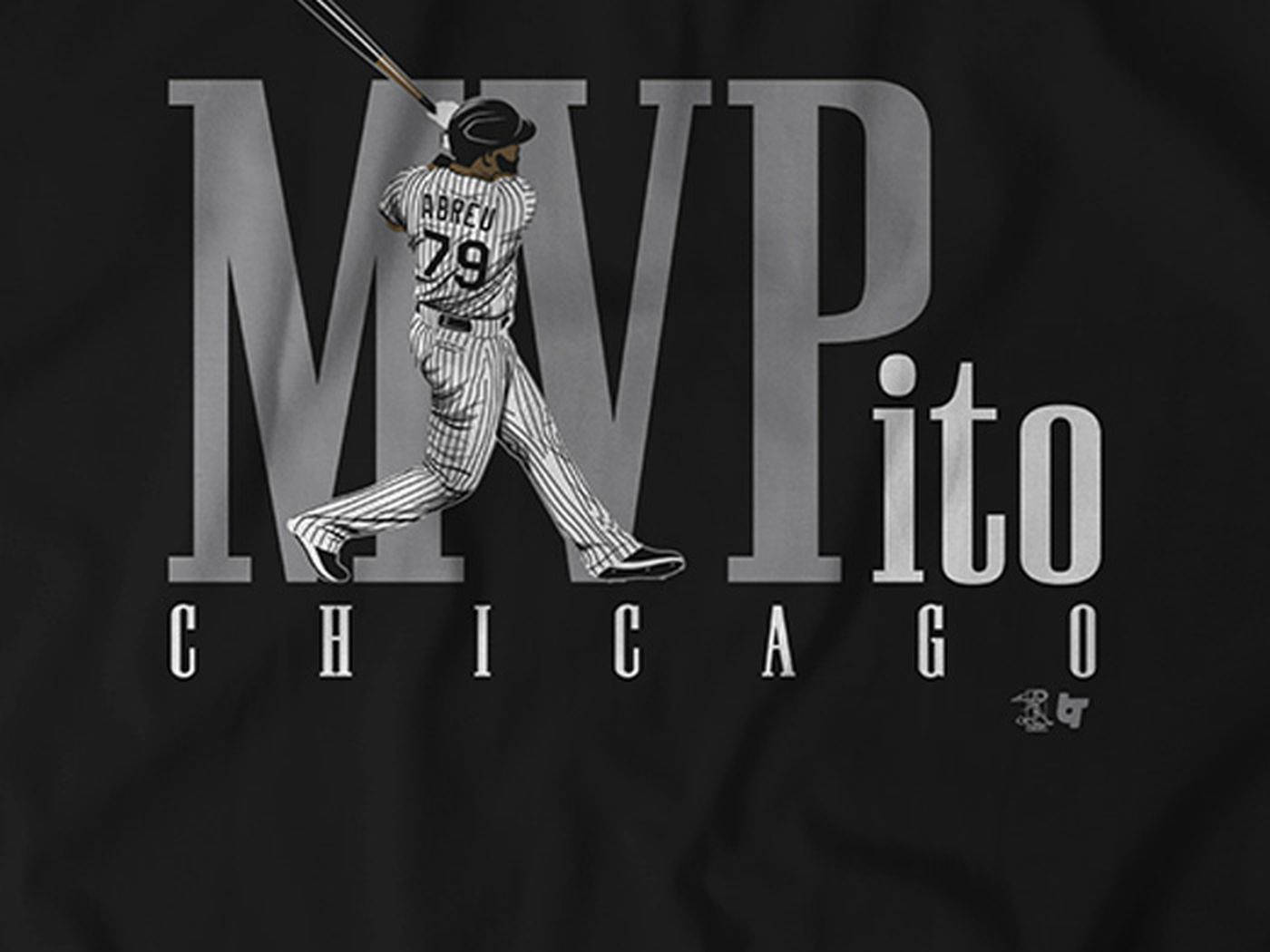 jose abreu 桌布 壁紙 — 黑色T恤圖案，上面有穿著細條紋的棒球選手揮棒，身後有「MVP」和「CHICAGO」文字。
