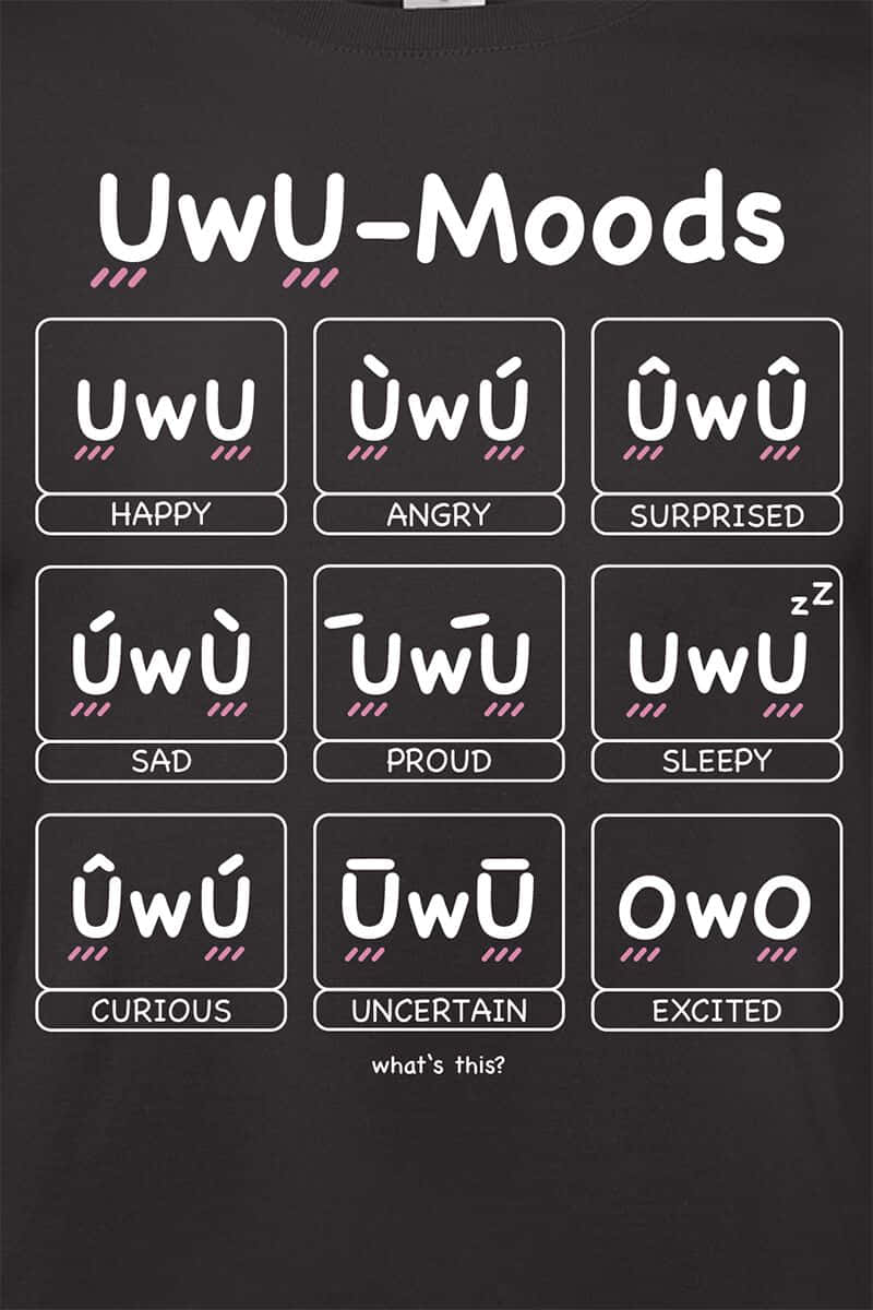 uwu 桌布 壁紙 — 黑色T恤展示九個UwU心情表情的網格，對應快樂、憤怒、驚訝等情緒。