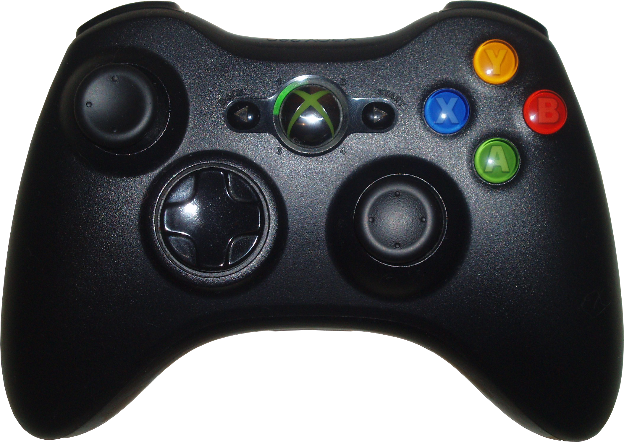 Xbox 桌布 壁紙 — 黑色Xbox 360控制器特寫，帶有發光彩色按鈕，背景為深色。