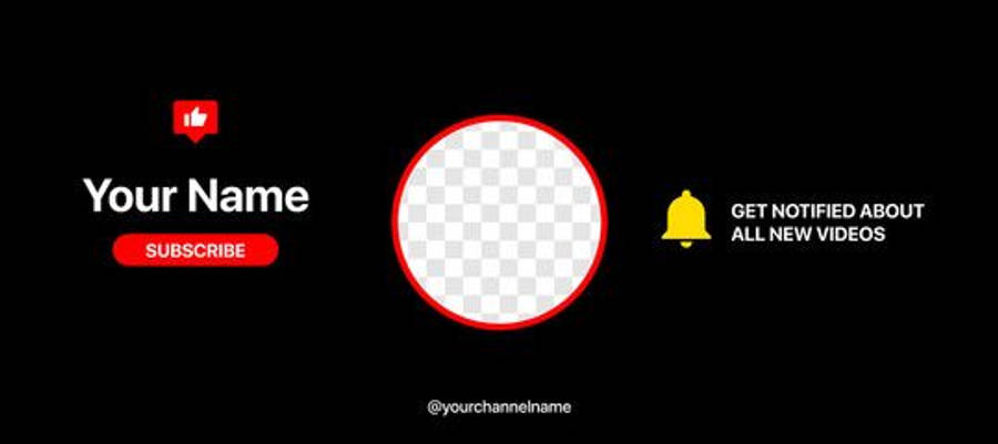 YouTube Banner 桌布 壁紙 — 黑色YouTube頻道橫幅模板，附紅色訂閱按鈕及個人資料相片預留圓圈。