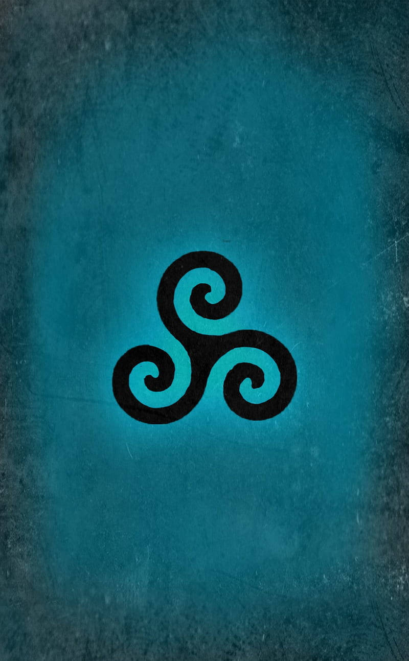 Triskelion 桌布 壁紙 — 黑色三曲腿圖案，中心有發光的青綠色內旋渦，位於有紋理的青綠色背景上。