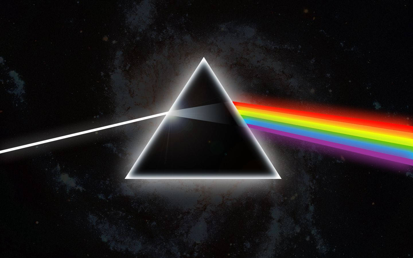 Floyd 桌布 壁紙 — 黑色三角形稜鏡將白光折射成鮮豔的彩虹光譜，背景是星光燦爛的宇宙。