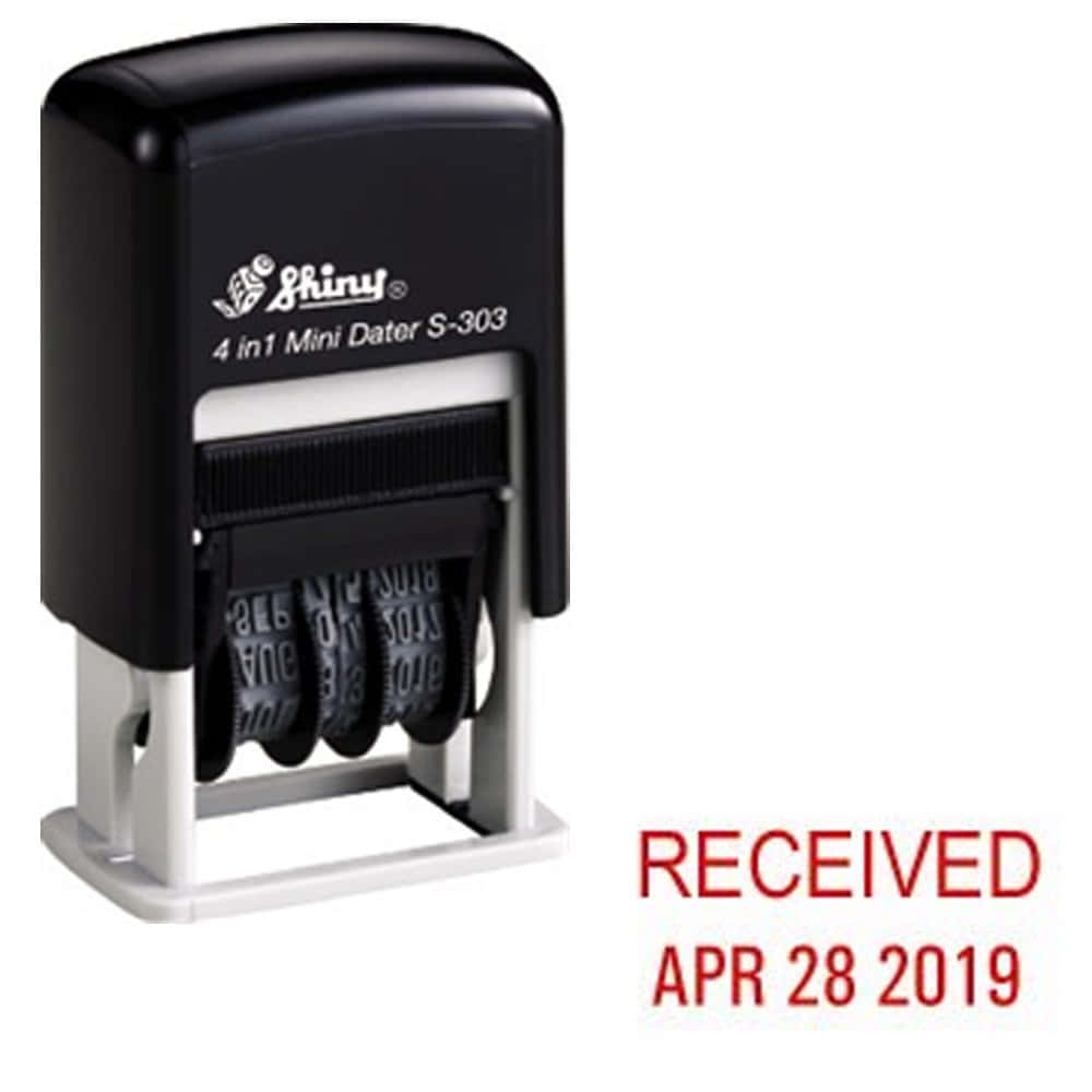 Stamp 桌布 壁紙 — 黑色亮面品牌4合1迷你日期印章，白色背景上帶有紅色「RECEIVED APR 28 2019」印記。