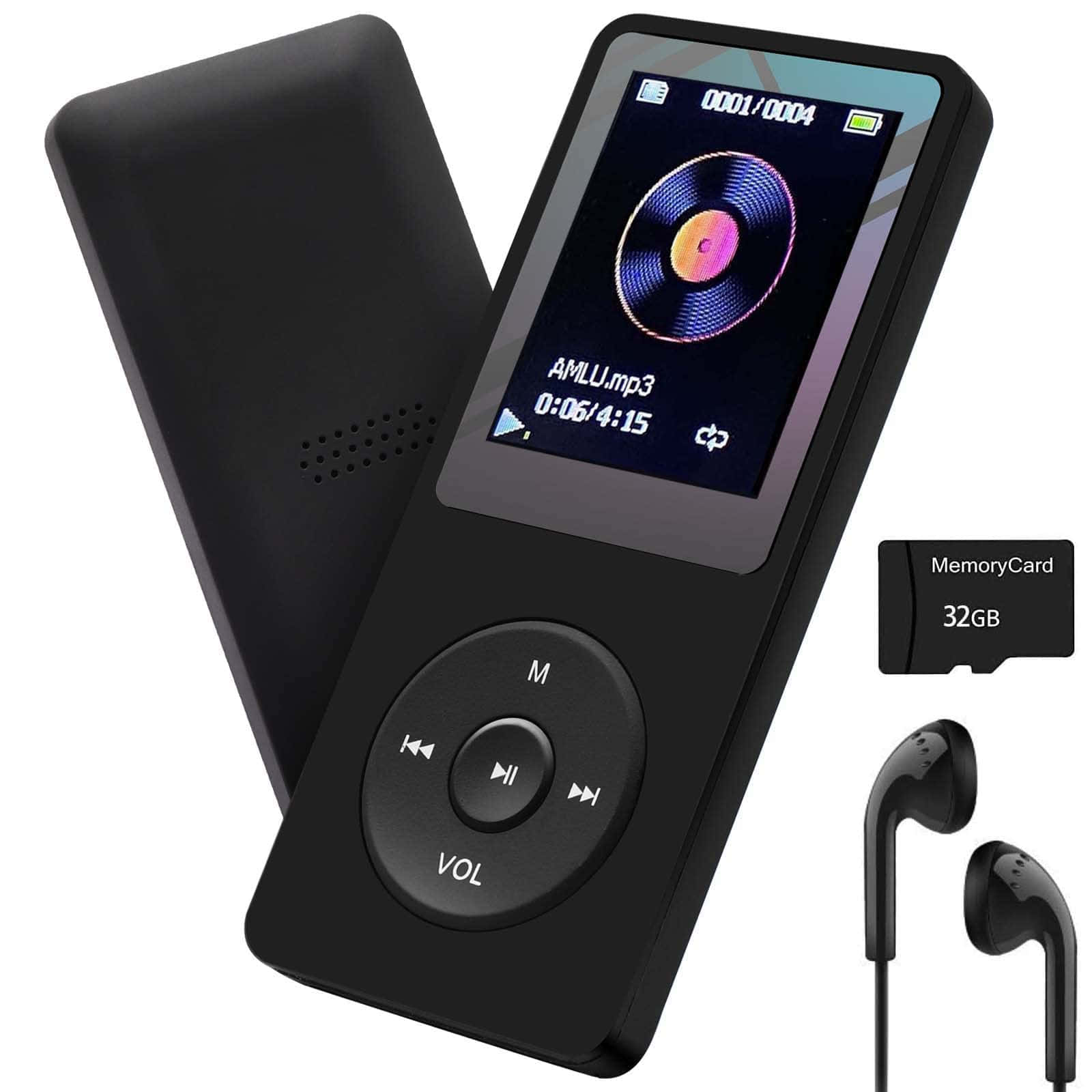 Music Player 桌布 壁紙 — 黑色便攜式MP3播放器，帶有圓形控制面板和彩色黑膠風格螢幕，顯示曲目資訊，旁邊有耳塞和32GB記憶卡。