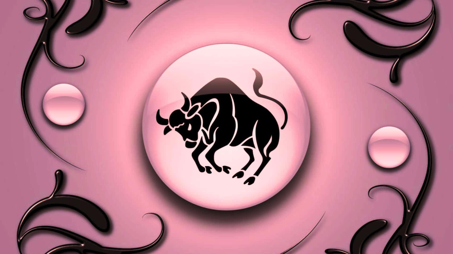 金牛座 桌布 壁紙 — 黑色公牛剪影置於發光粉紅球體中央，以優雅黑色漩渦和球體環繞，背景為柔和粉紅漸變色。