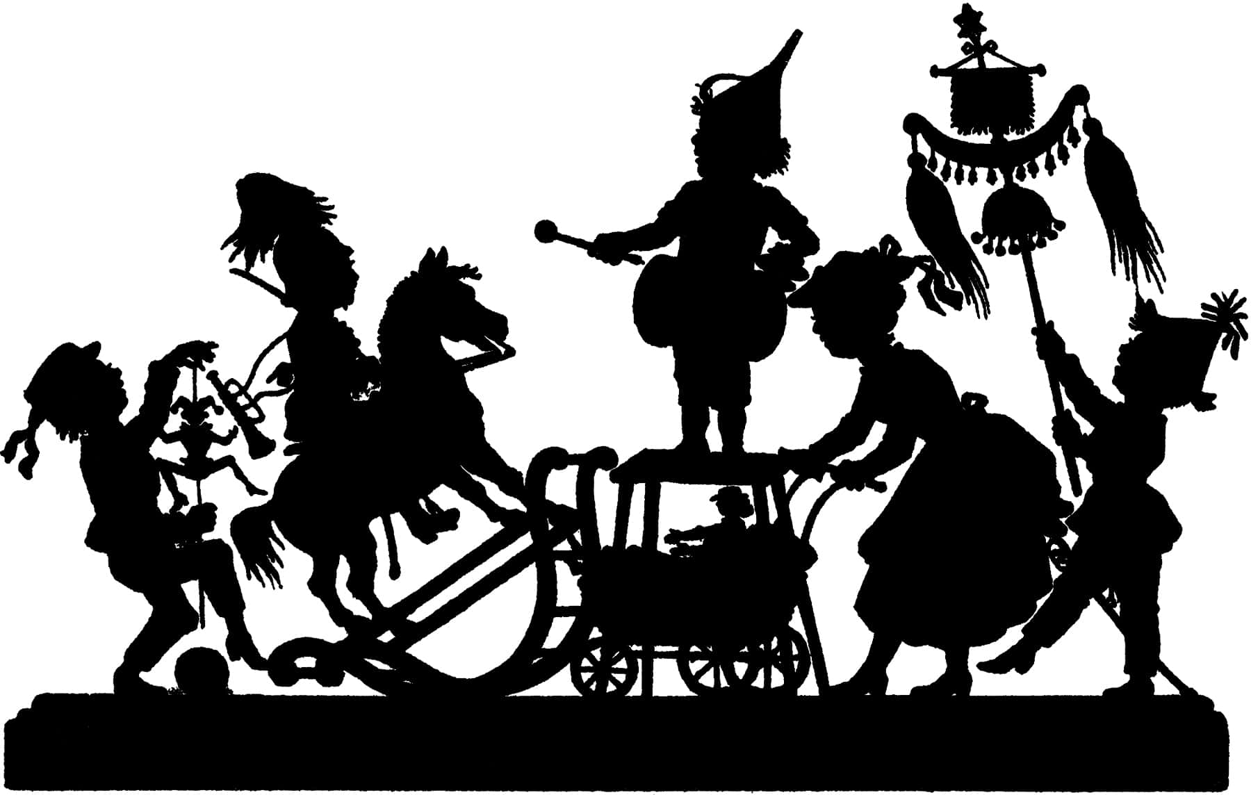 Silhouette 桌布 壁紙 — 黑色剪影，一個奇特的遊行，孩子們騎在馬和馬車上，手持樂器和旗幟。