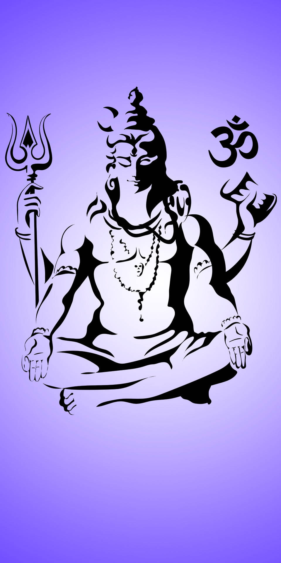 lord shiva mobile 桌布 壁紙 — 黑色剪影，濕婆以蓮花坐姿冥想，背景為紫色漸變，帶有三叉戟和Om符號。