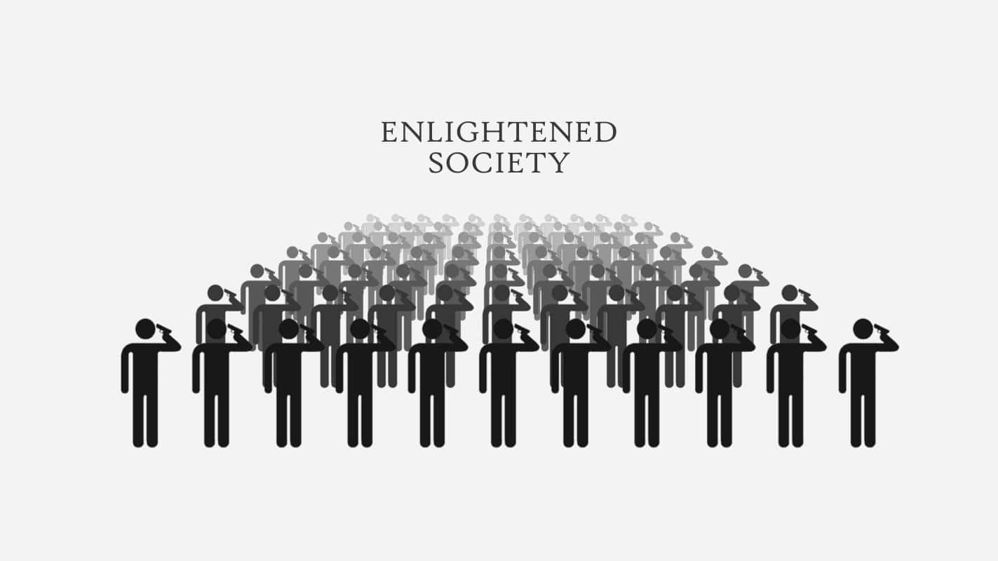 Suicide 桌布 壁紙 — 黑色剪影人物在淺灰色背景上，於「ENLIGHTENED SOCIETY」文字下方以彎曲隊形敬禮。