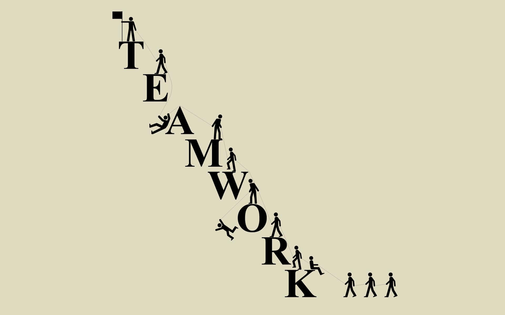 Teamwork 桌布 壁紙 — 黑色剪影人物攀爬和拉繩索，在米色背景上形成teamwork一詞。