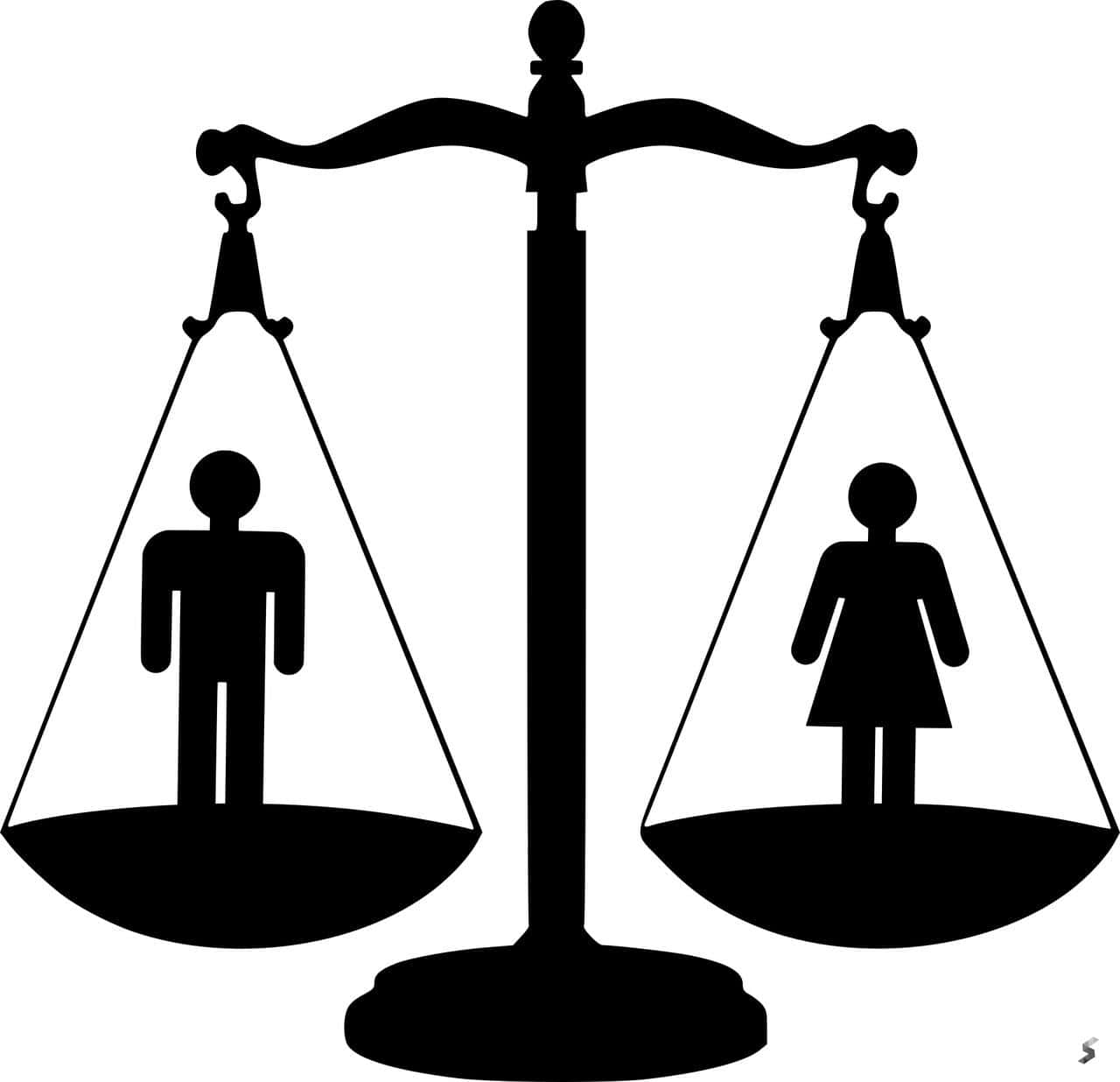 Scales 桌布 壁紙 — 黑色剪影天秤，每個秤盤上有男性和女性圖案，象徵性別平等。