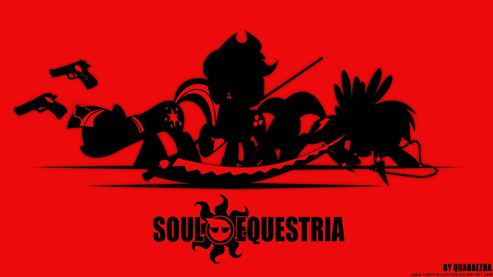 Soul Eater 桌布 壁紙 — 黑色剪影風格角色手持武器，背景為鮮紅色，帶有 Soul Equestria 文字。